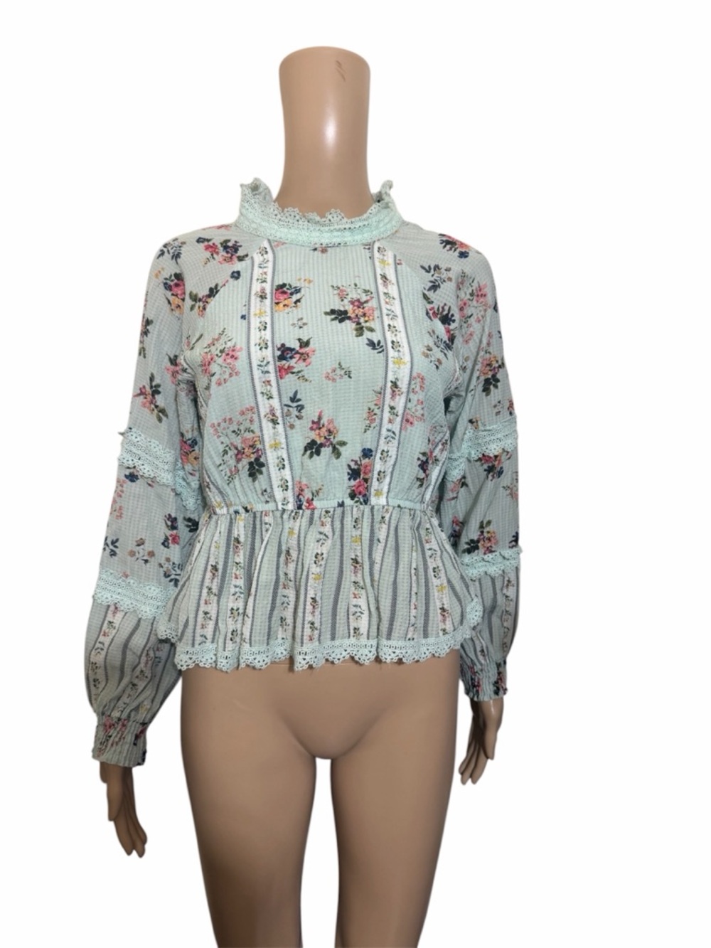 Hemant & Nandita Mint Floral Lace Trim Peplum Blouse Top - Picture 2 of 8